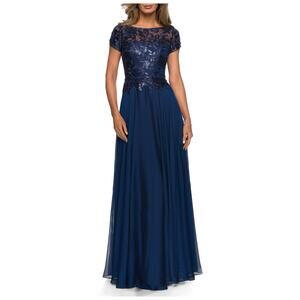 La Femme Navy Sequin Short Sleeve Metallic Lace Formal Gown 2